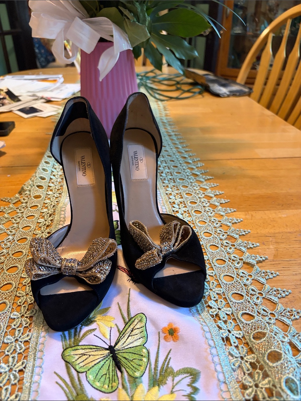 Valentino Black Suede Open-Toe Heels with Gold Bow Detail